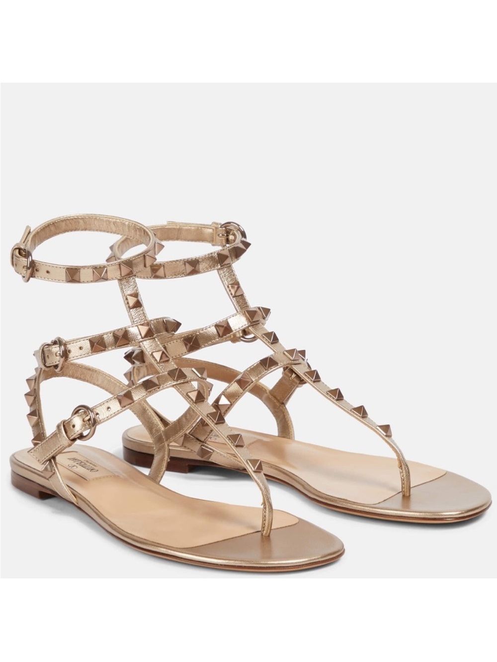 Valentino Metallic Rockstud Strappy Flat Sandals - Rose Gold